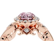 Fancy Pink Oval Cut Diamond Halo Ring Set in Rose gold with Milgrain Pavé Band and Prong Setting