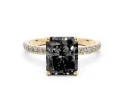 Fancy Black Radiant Cut Diamond Solitaire Ring Set in Yellow gold with Round Pavé Band and Prong Setting