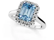 Fancy Blue Emerald Cut Halo Round Diamond Solitaire Ring Set in White gold with Pavé Band and Prong Setting