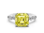 Fancy Yellow Asscher Cut Diamond Solitaire Vine Band Ring Set in Silver with Round Accents and Prong Setting
