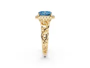 Fancy Blue Radiant Cut Diamond Halo Ring Set in Yellow gold with Scrollwork Band and Prong Setting