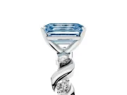 Fancy Blue Emerald Cut Diamond Solitaire Ring Set in Silver with Ribbon Twist Band, Round Accents and Prong Setting