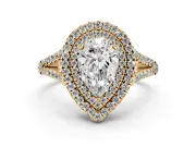 Pear-Shaped Double Halo Split Shank Engagement Ring Setting | Pavé Shoulders | Yellow Gold