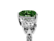 Fancy Green Heart Cut Diamond Three-Stone Ring Set in Platinum with Milgrain Band