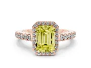 Fancy Yellow Emerald Cut Diamond Halo Engagement Ring Set in Rose gold with Pavé Band and Prong Setting