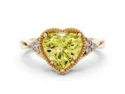 Fancy Yellow Heart Cut Diamond Milgrain Solitaire Ring Set in Yellow gold with Tapered Pavé Band and Prong Setting