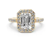 Emerald Cut Diamond Halo Ring Set in Yellow gold with Pavé-Setting Band and Open Prong Center