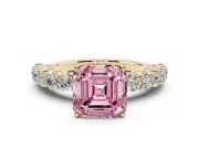 Fancy Pink Asscher Cut Diamond Solitaire Ring Set in Yellow gold with Shared Prong Pavé Band