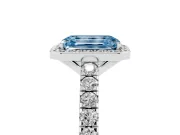 Fancy Blue Emerald Cut Diamond Halo Engagement Ring Set in Silver with Pavé Band and Prong Setting