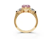 Fancy Pink Heart Cut Diamond Three-Stone Ring Set in Yellow gold with Milgrain Band