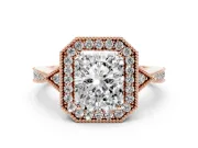Radiant Cut Diamond Halo Engagement Ring Set in Rose gold with Milgrain Pavé Band