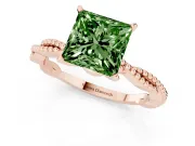 Fancy Green Princess Cut Diamond Solitaire Ring Set in Rose gold with Twisted Band and Bead Prong Setting