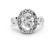 Oval Cut Diamond Halo Ring Set in Platinum with Scrollwork Band and Prong Setting