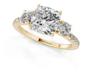 Cushion Cut Three Stone Engagement Ring Setting | Pave Shoulders | Yellow Gold