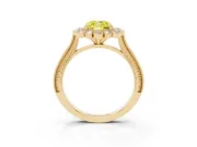 Fancy Yellow Cushion Cut Diamond Halo Milgrain Pavé Ring Set in Yellow gold with Prong Setting
