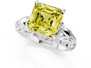 Fancy Yellow Asscher Cut Diamond Filigree Halo Engagement Ring Set in White gold with Prong Setting