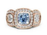 Cushion Cut Three Stone Halo Engagement Ring Setting for a Fancy Blue Lab-Grown Diamond | Rose Gold