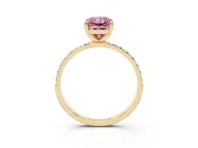 Fancy Pink Radiant Cut Diamond Solitaire Ring Set in Yellow gold with Round Pavé Band and Prong Setting