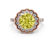 Fancy Yellow Round Cut Diamond Milgrain Floral Halo Engagement Ring Set in Rose gold with Pavé Band