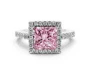 Fancy Pink Princess Cut Diamond Halo Pavé Solitaire Ring Set in White gold with Prong-Set Center Stone