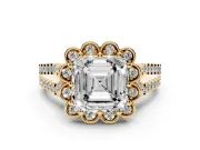 Asscher Cut Petal Frame Floral Halo Engagement Ring Setting | Pavé Split Shank | Yellow Gold