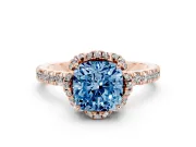 Fancy Blue Cushion Cut Diamond Halo Pavé Band Ring Set in Rose gold with Prong-Held Center