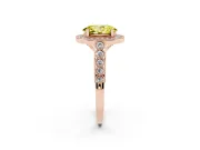 Fancy Yellow Oval Cut Diamond Milgrain Halo Solitaire Ring Set in Rose gold with Bezel Set Side Stones and Pavé Band
