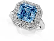Fancy Blue Asscher Cut Diamond Halo Engagement Ring Set in Silver with Solitaire Band and Prong Setting