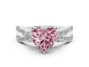 Fancy Pink Three-Stone Heart Cut Diamond Twist Band Ring Set in White gold with Pavé Accents and Prong Setting
