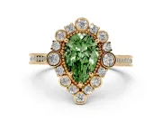 Fancy Green Pear Cut Diamond Halo Milgrain Pavé Ring Set in Yellow gold with Prong Setting