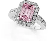 Fancy Pink Emerald Cut Diamond Halo Pavé Engagement Ring Set in White gold with Bezel Setting