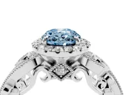 Fancy Blue Oval Cut Diamond Halo Ring Set in Silver with Milgrain Pavé Band and Prong Setting
