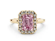 Fancy Pink Emerald Cut Halo Round Diamond Solitaire Ring Set in Yellow gold with Pavé Band and Prong Setting
