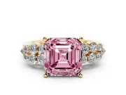 Fancy Pink Asscher Cut Diamond Cluster Engagement Ring Set in Yellow gold with Pavé Band and Prong Setting