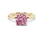 Fancy Pink Cushion Cut Diamond Solitaire Engagement Ring Set in Yellow gold with Prong Setting and Polished Band