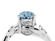Fancy Blue Pear Cut Diamond Solitaire Twist Engagement Ring Set in White gold with Pavé Leaf Accents
