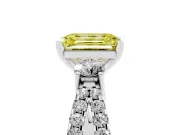 Fancy Yellow Emerald Cut Diamond Three-Stone Ring Set in Platinum with Pavé Split Shank and Prong Setting