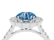 Fancy Blue Round Cut Diamond Milgrain Floral Halo Engagement Ring Set in White gold with Pavé Band
