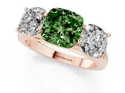Cushion Cut Three Stone Engagement Ring Setting for a Fancy Green Lab-Grown Diamond | Basket Prong Heads | Rose Gold