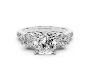 Three-Stone Cushion Cut Diamond Pavé Band Ring Set in Platinum with Prong-Set Trio