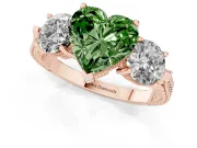 Fancy Green Heart Cut Diamond Three-Stone Ring Set in Rose gold with Milgrain Band
