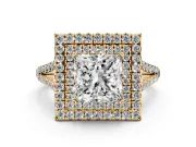 Princess Cut Double Halo Split Shank Engagement Ring Setting | Pavé Shoulders | Yellow Gold