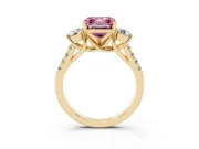 Fancy Pink Three-Stone Asscher Cut Diamond Pavé Band Ring Set in Yellow gold with Prong-Set Trio