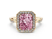 Radiant Cut Twist Halo Engagement Ring Setting for a Fancy Pink Lab-Grown Diamond | Yellow Gold
