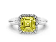 Fancy Yellow Asscher Cut Diamond Halo Engagement Ring Set in White gold with Plain Split Shank and Prong Setting