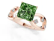 Fancy Green Princess Cut Diamond Solitaire Ring Set in Rose gold with Side Stones on Criss-Cross Band and Prong Setting