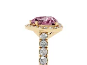 Fancy Pink Heart Cut Diamond Halo Engagement Ring Set in Yellow gold with Pavé Band and Prong Setting