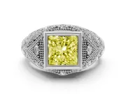 Fancy Yellow Princess Cut Diamond Bezel Ring Set in White gold with Milgrain Accent Band