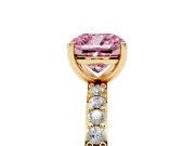 Fancy Pink Cushion Cut Diamond Solitaire Set in Yellow gold with Round Pavé Band and Prong Setting