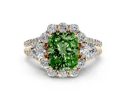 Fancy Green Radiant Cut Diamond Halo Split Shank Engagement Ring Set in Yellow gold with Prong-Held Center Stone